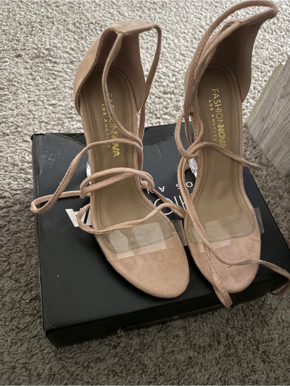 Fashion Nova Blush Lace-Up Clear Strap Heeled Sandals
